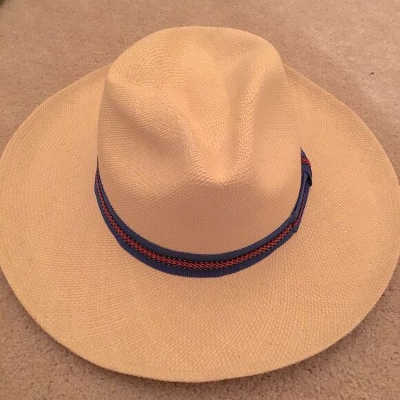 Authentic Vintage Panama Straw Fedora Hat with Blue and Red Band - Picture 2 of 4
